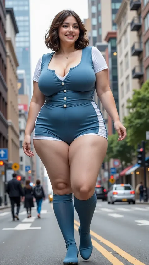  a woman((Huge fat、plump（ Curved Plus Size Body  ，huge boobs，big hips），Short hair is fluffy and slightly curly, looking at the camera、 steampunk 、Standing on top of a ruin、大楼explode、Building Collapse、 City Hustle 、Traffic jams、Rubble City、Street Trees、Cars...