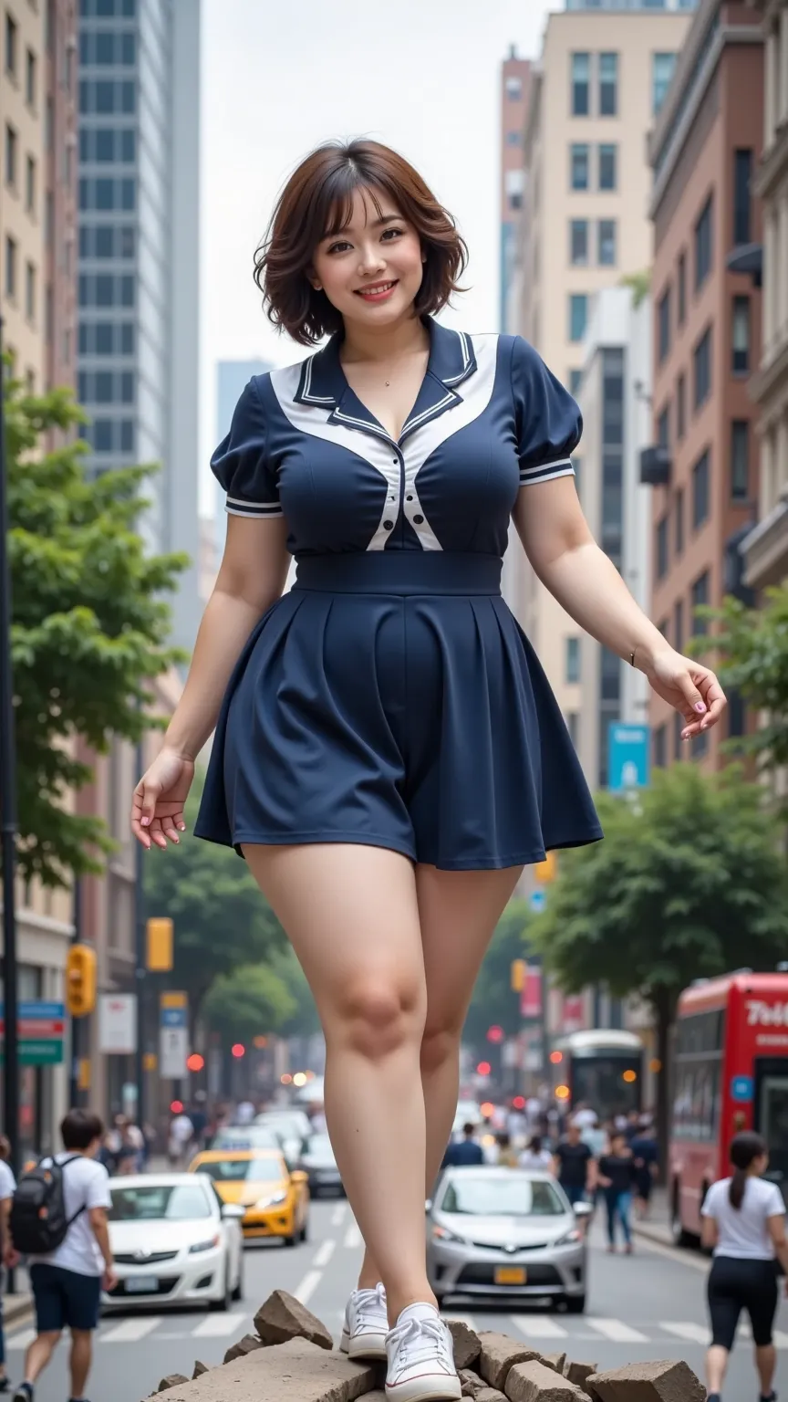  a woman((Huge fat、plump（ Curved Plus Size Body  ，huge boobs，big hips），Short hair is fluffy and slightly curly, looking at the camera、 steampunk 、Standing on top of a ruin、大楼explode、Building Collapse、 City Hustle 、Traffic jams、Rubble City、Street Trees、Cars...