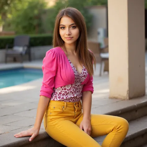 woman sitting on the stairs. Does a pink blouse and yellow jeans style photorealistic,  sharp focus, very detailed, sunlight, Detail,  full body