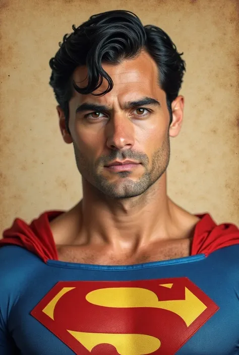 Close-up portrait of a man resembling Superman. 


The man has a strong, chiseled jawline and a confident expression. His hair is styled in a classic Superman-like quiff, dark and slightly wavy. His eyes are looking directly at the viewer, conveying a sens...