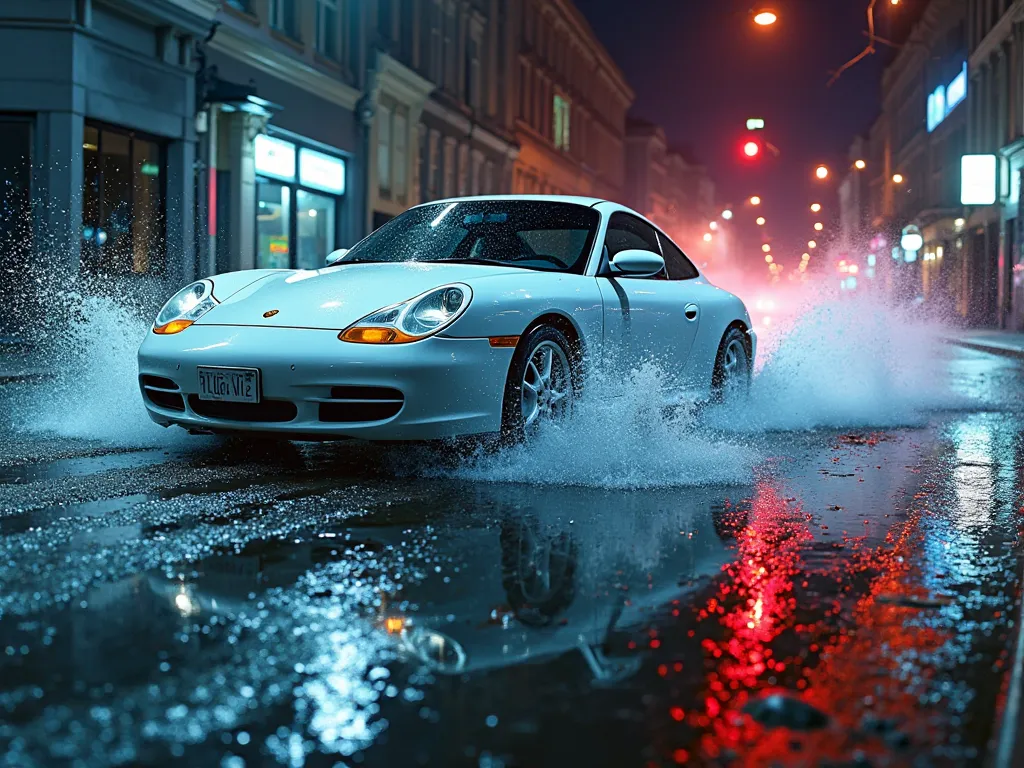  sleek white Porsche 996 Carrera speeding through a narrow, wet street at night, creating a dramatic water effect as it moves. The street is fully soaked, with puddles reflecting the vibrant glow of neon streetlights. As the car accelerates, water splashes...