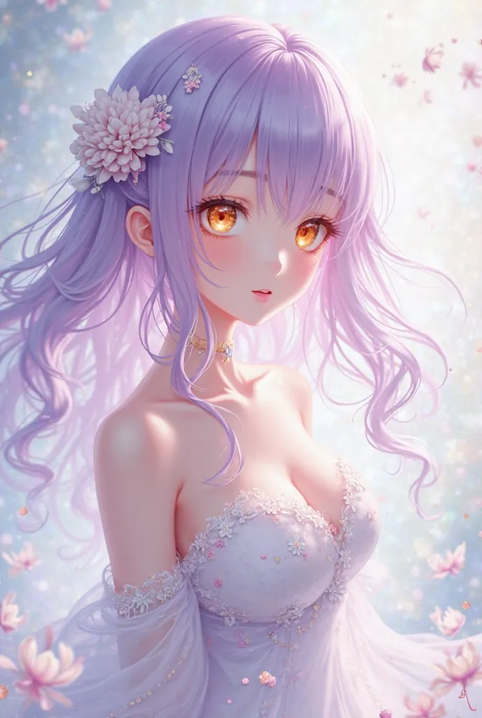 Anime girl with lilac hair with golden eyes white skin white dress with flowers 