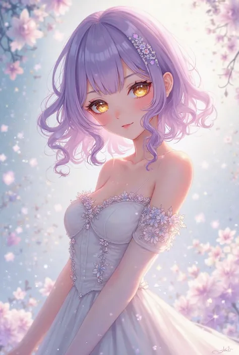 Anime girl with lilac hair with golden eyes white skin white dress with flowers 