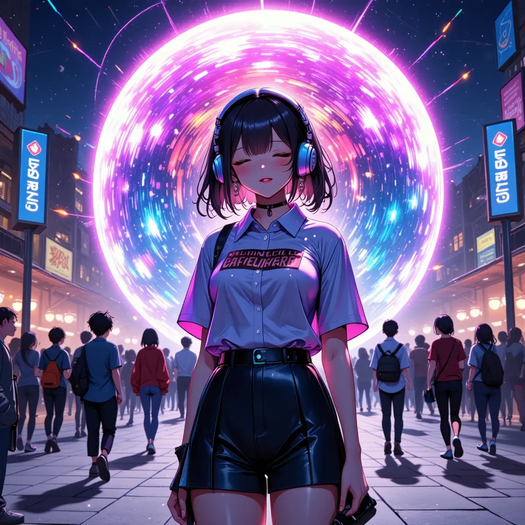 A high-detail anime-style illustration of a young female musician standing in an open plaza, eyes closed, feeling the rhythm of her heartbeat. Her headphones glow subtly as colorful waves of energy pulse outward, symbolizing the song’s theme of embracing o...