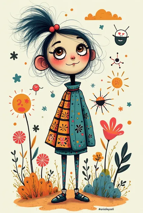 Create a whimsical, doodle-style character with simple shapes, vibrant colors, and unique accessories, evoking a fun and lighthearted artistic vibe."