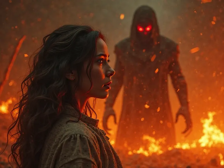 Roxan's face is frozen in shock and horror as the glowing figure delivers the terrifying verdict. The flames of hell rage behind her, and her eyes reflect disbelief and desperation.