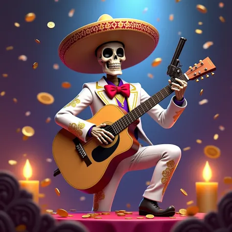 A lively skeletal mariachi musician dressed in an elegant white charro suit with golden embroidery, a red bow tie, and a large sombrero. He has a mischievous grin, holding a wooden guitar in one hand while raising a revolver in the other. His pose is dynam...