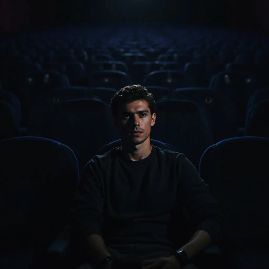 "A young man sitting alone in a dimly lit movie theater, watching a film with deep focus. The glow from the screen reflects on his face, casting soft shadows around him. The atmosphere is quiet and introspective, with empty seats surrounding him, emphasizi...