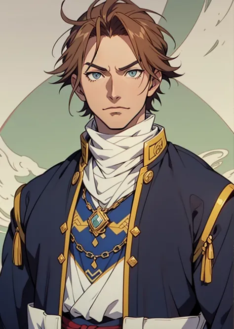 a close up of a person wearing a uniform and a necklace, anime handsome man, boromir in an 80\'s anime world, delicate androgynous prince, as an anime character, hijikata toushirou, male anime character, inspired by Okumura Masanobu, masamune shiro, shuush...