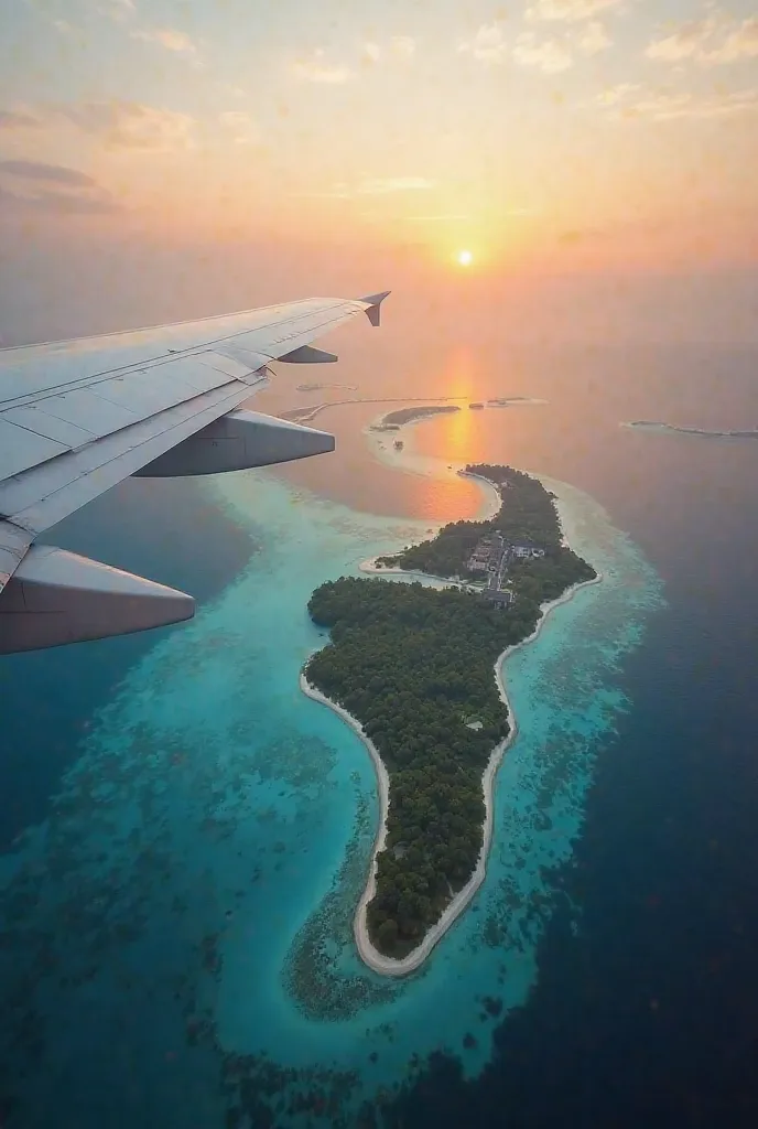 Realistic 4k photo taken at dusk from an airplane window with a view of all the Maldives 