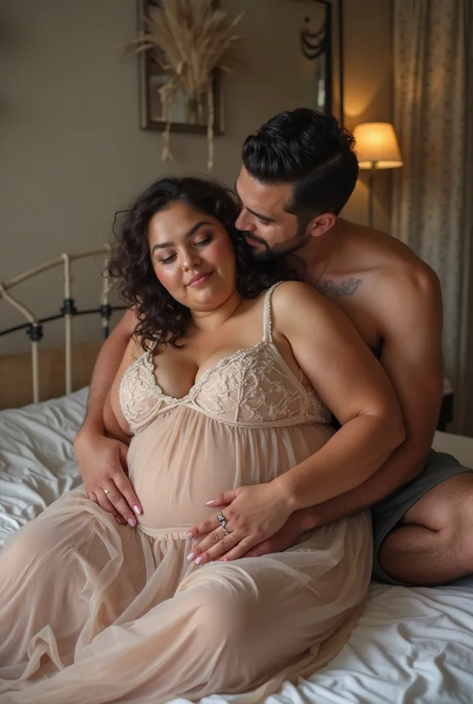 ,, A picture of a fat woman with a large weight and a very transparent long nightgown without a bra while she is in the middle of an Arab man's lap on the bed , The man hugs her from the back very strongly, He holds her by her breasts, And she puts her han...