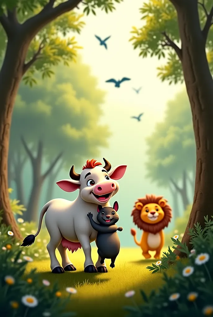 A joyful jungle scene where a white cow and a small black rabbit happily embrace each other, surrounded by smiling animals. The lion is seen running away in the distance. The forest looks peaceful, with sunlight filtering through the trees and birds flying...