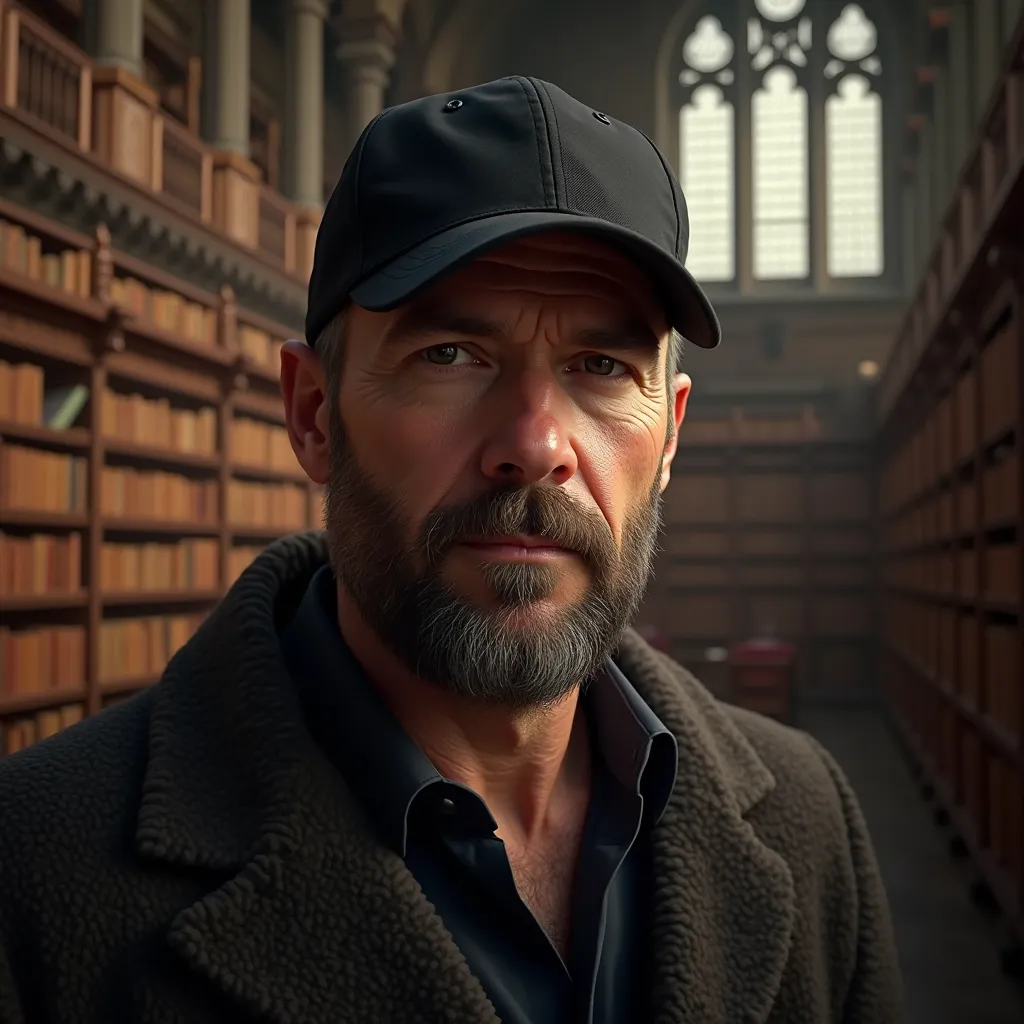 a highly detailed realistic portrait of a 40-year-old man wearing a black baseball cap, with a medium-length beard, neutral expression, sharp focus on face, set against an expansive interior of a grand library, walls covered in endless rows of books, warm ...