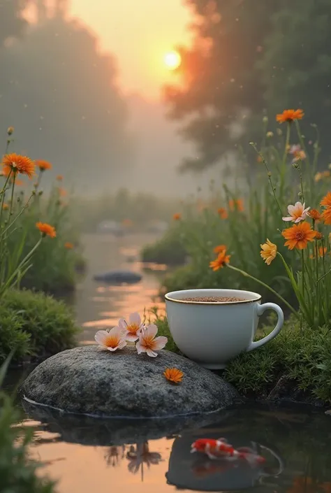  Ergebnisse Vollbildqualität HyperRealismus, Artistic , Realism,  Ultra HD, unique, 4dimensional , A cup of hot coffee and small flowers are lying on a small rock in the flowing river grass, there was a koi fish, that jumped out of the water, The atmospher...