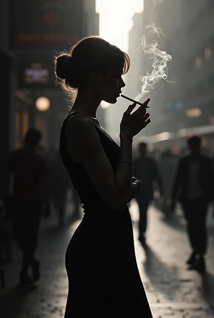 silhouette of a woman smoking in public