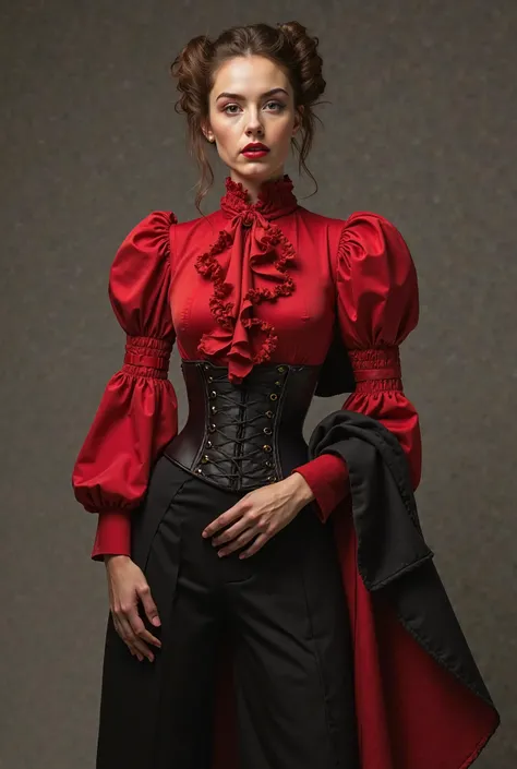 Imagine a red Victorian blouse with puffed up big arms with raffles at the wrists and extra fabric going lower on the arms. The back of the blouse is an open back from just below the neck to create a circle shape that exposes the back. The neck has ruffles...