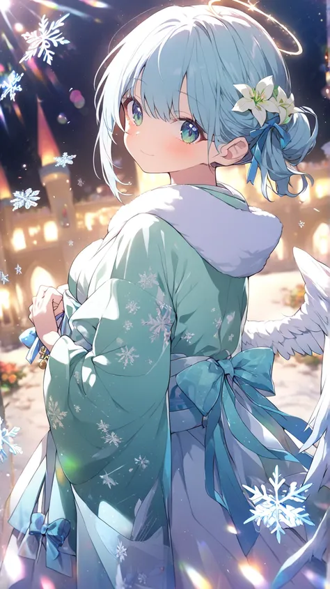 1 girl, Angel、 Snowflakes、palace、Lily flower、greenい目, green/light blue hair tied at the top、Angelの羽、Angelの輪、Accessory, Wide angleショット, Wide angle, Dutch Angle, glitter effect, blurred background, lens flare, 