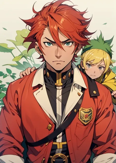 anime image of a man with red hair and a red jacket, as an anime character, orange - haired anime boy, Nobutaka Ike, MusHoku TenSei, Tsukasa Dokite, shuushuu anime image, inspired by Kamisaka Sekka, male anime character, ( ( ( yoshinari yoh ) ) ), in the a...