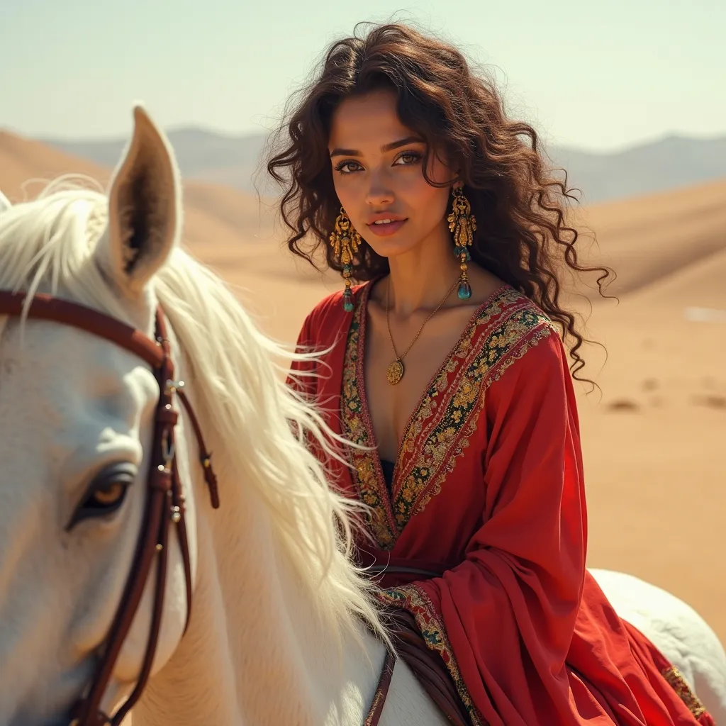 Young sexy Maghrébine woman with a red djellaba with curly brown hair with a djellaba on a big white stallion  