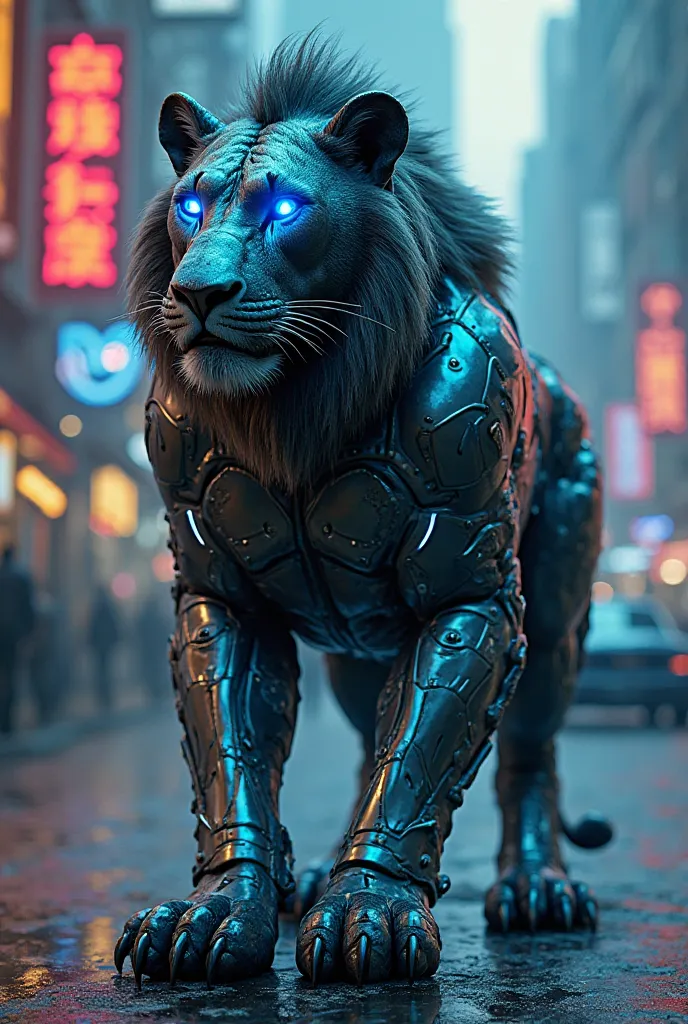 A hybrid creature with the muscular body of a lion and the sleek metallic design of a Lamborghini. Its fur is fused with glossy metal plates, and its glowing blue eyes match the neon streaks running along its body. The scene is cinematic, with dramatic lig...