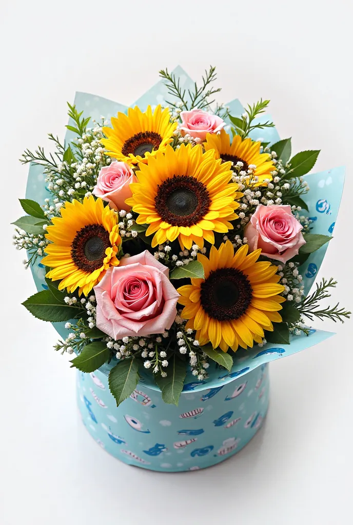 A bouquet of 5 sunflowers, 5 pink roses, plus small white flowers and leaves, white and light blue eyebrow wrapping paper, how to make a round bouquet