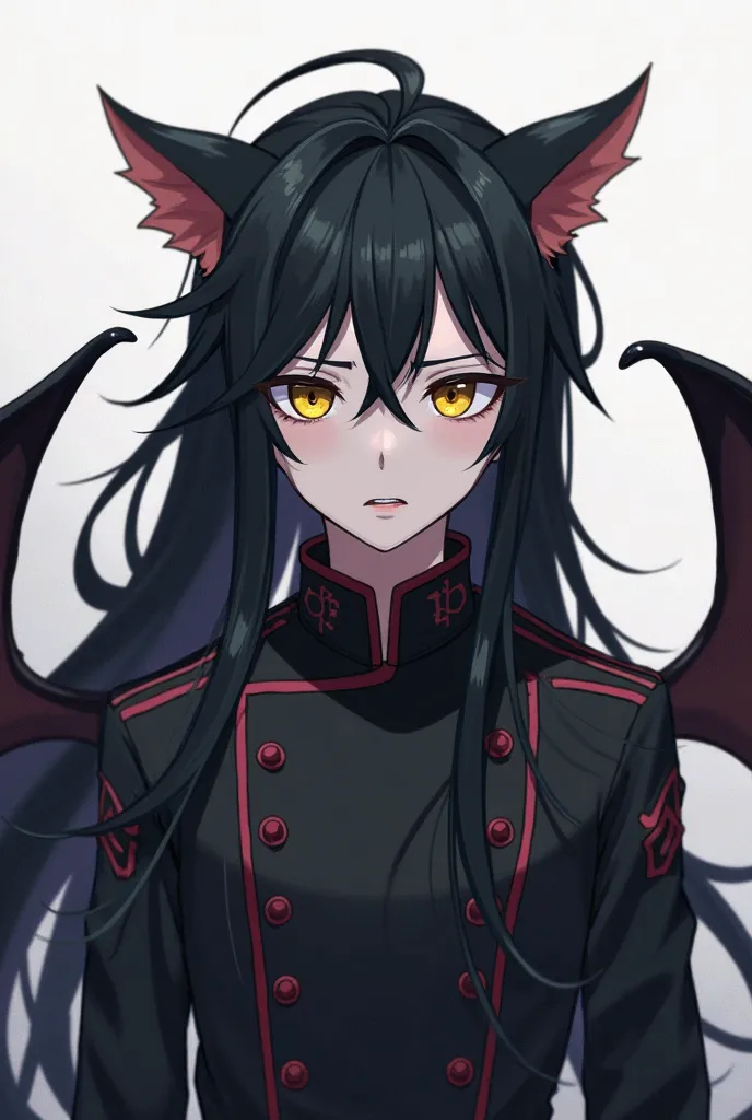 Anime,1boy, 16 old years,solo,male,demonic,Kuroshitsuji, pale, long black, hair carbonated,military uniform , human human pointed ears, golden eyes cat pupils, bat wings.