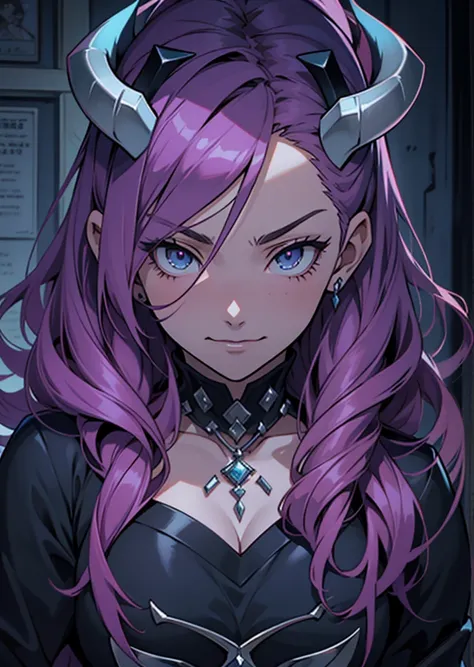 anime girl with horns and purple hair in a dark room, shalltear from overlord, portrait knights of zodiac girl, the hime cut, the goddess artemis smirking, screenshot from black clover, albedo from the anime overlord, knights of zodiac girl, anime characte...