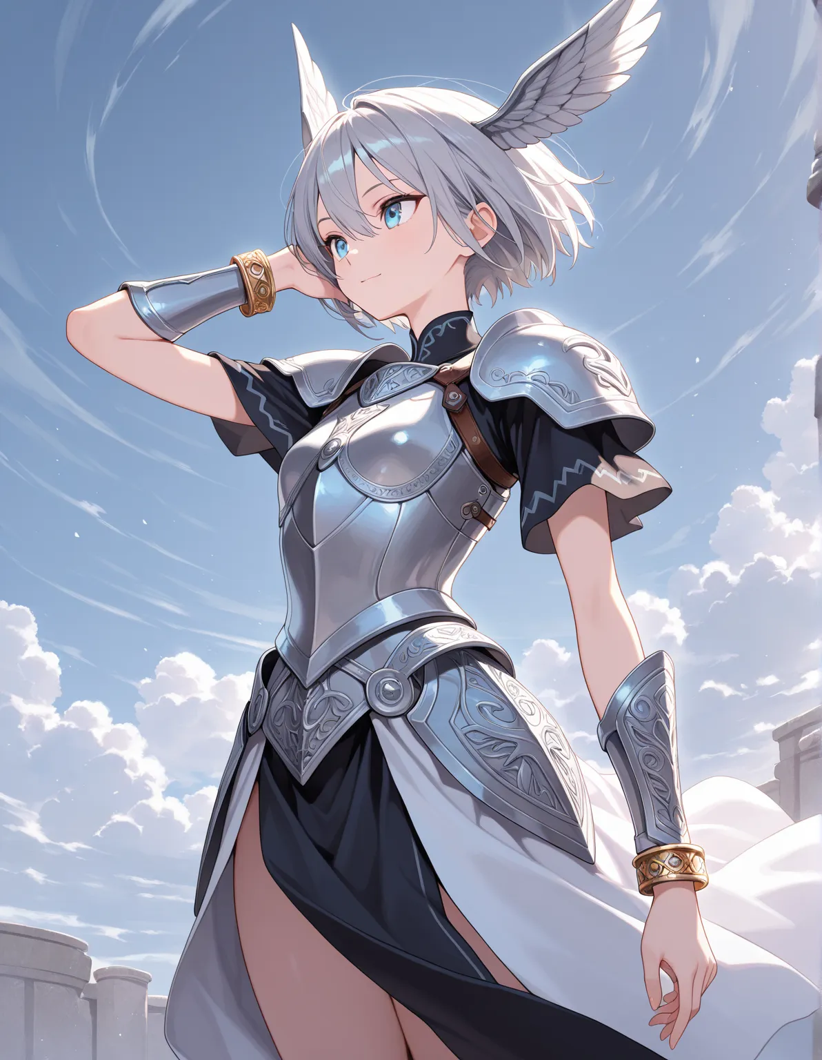 1girl, solo, slim, light blue eyes, (tsurime:0.8), grey hair short hair, sidelocks, hair between eyes, general, valkyrie clothes, armored dress, bangles, silver ornaments, low angle from side, cowboy shot, hand in own hair, looking away, light smile, fanta...