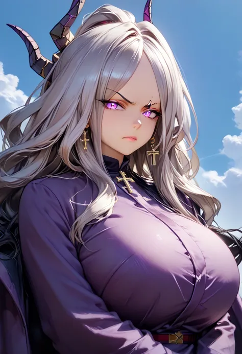 ((( Hina Sorasaki)))、((( Silver Hair)))、((( long hair)))、(((purple ring on the head)))、(((((Purple outfit)))))、((( purple long coat)))、((((( cross your arms a little)))))、((((( huge breasts))))),(((((V Sharp Eyebrow  ))))),((( looks away)))、,(anger)、(((Fai...