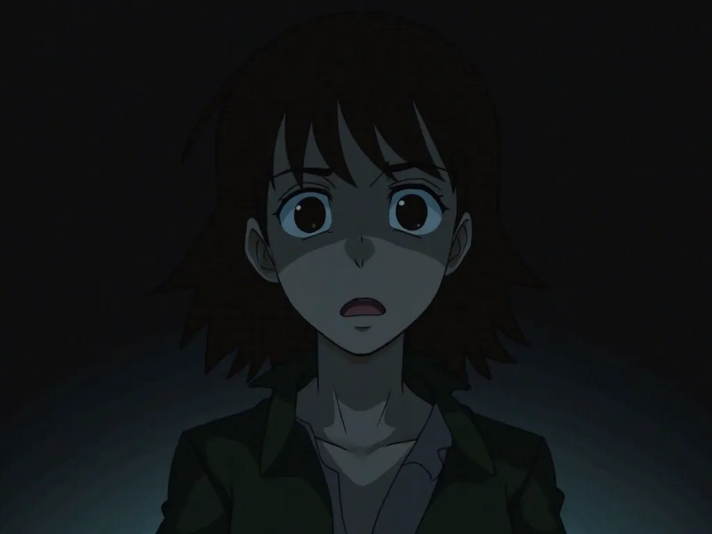 Roxan’s face is filled with grief as the truth dawns on her. She looks down, overwhelmed by the weight of her realization. The background fades into darkness, highlighting her isolation and deep sorrow.