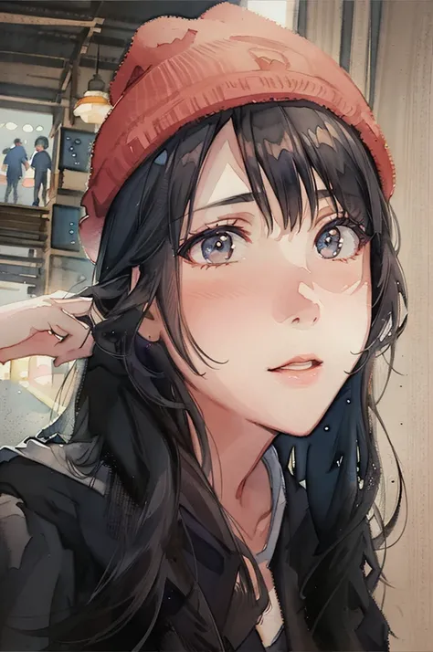 arafed woman with long black hair wearing a red hat, kimi takemura, chiho, girl cute-fine-face, shikamimi, sui ishida with black hair, chiho ashima, junko enoshima, harumi, deayami kojima, kuvshinov ilya, narumi kakinouchi, (Masterpiece), (best detail), (B...