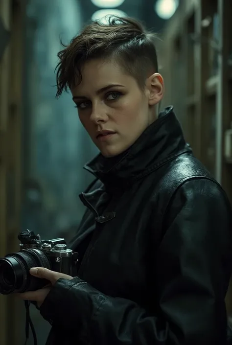 Kristen Stewart as an Aspiring Journalist and Paranormal Investigator. 1 Woman. Short-haired with an undercut, wearing a leather jacket and carrying a vintage camera. Her sharp eyes are always scanning for clues. Bold, witty, and a touch reckless.