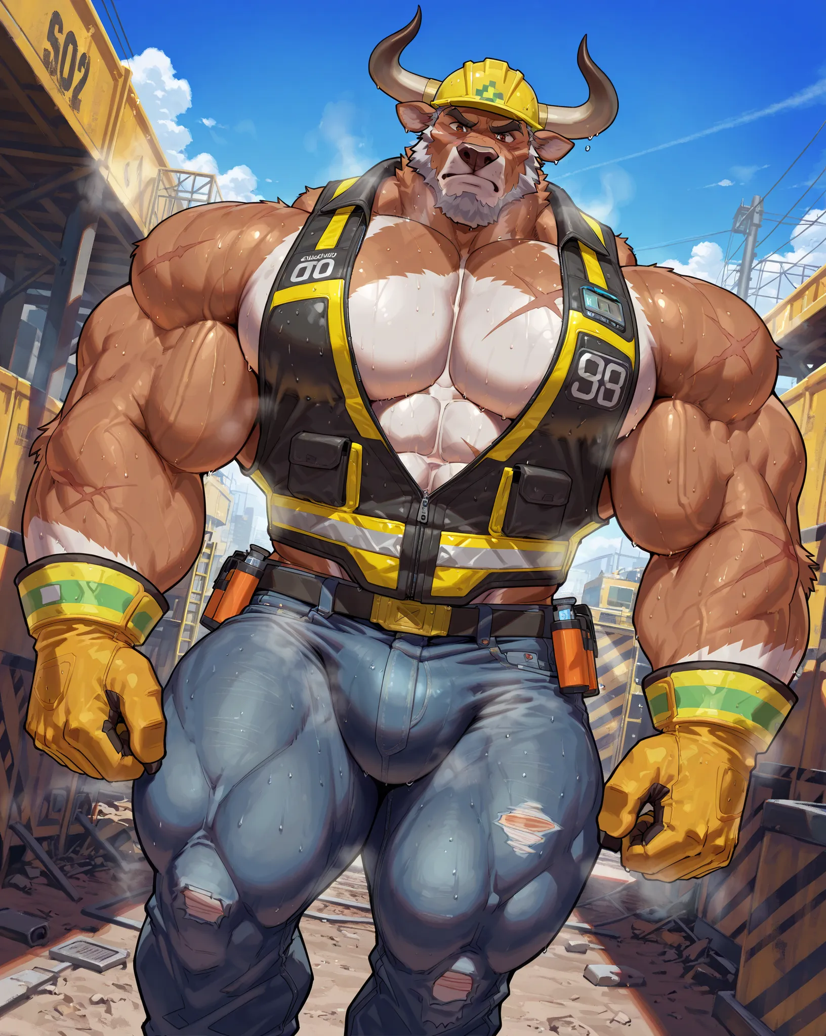 score_7_up, score_8, score_9, correct anatomy, ((detailed brown eyes)), ((highly detailed eyes)), high resolution, hyper-detailed,
((solo)), male, brown fur with white underbelly, bull, grey hair,
((massive size difference)), ((10 feet tall)), muscle, mass...