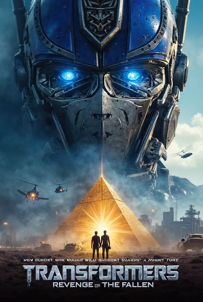 "An epic sci-fi action movie poster for Transformers: Revenge of the Fallen featuring the battle-worn face of Optimus Prime dominating the upper section, his glowing blue eyes exuding power and determination. To his right, Bumblebee appears battle-ready, h...