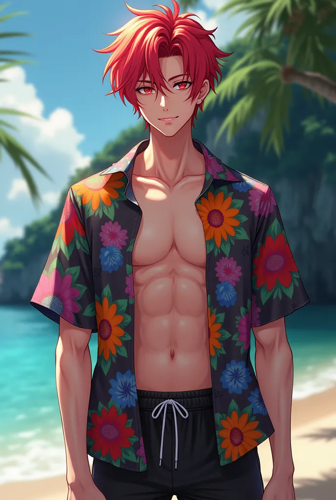 An anime picture shows a handsome, tall age boy with bright red, dark red, bright red, pink, orange, blue, purple, black, white, yellow and green hair. He has a slim body that reflects his fitness, thin hands, his locks cover one eye, dark pink, he wears s...