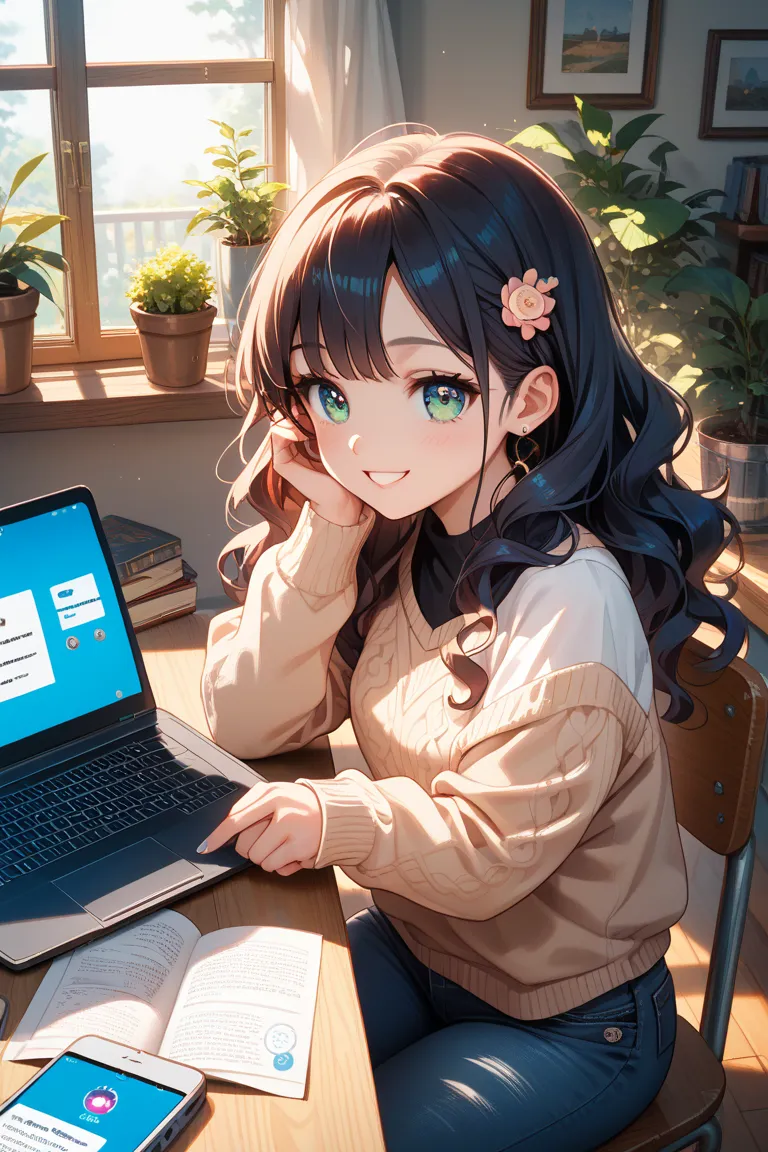 A cute young girl with big sparkling eyes, working on her side hustle in a cozy room. She is sitting at a wooden desk with a laptop, smartphone, and a cup of coffee. She is wearing a stylish casual outfit, such as a soft sweater and jeans, and has long, sl...