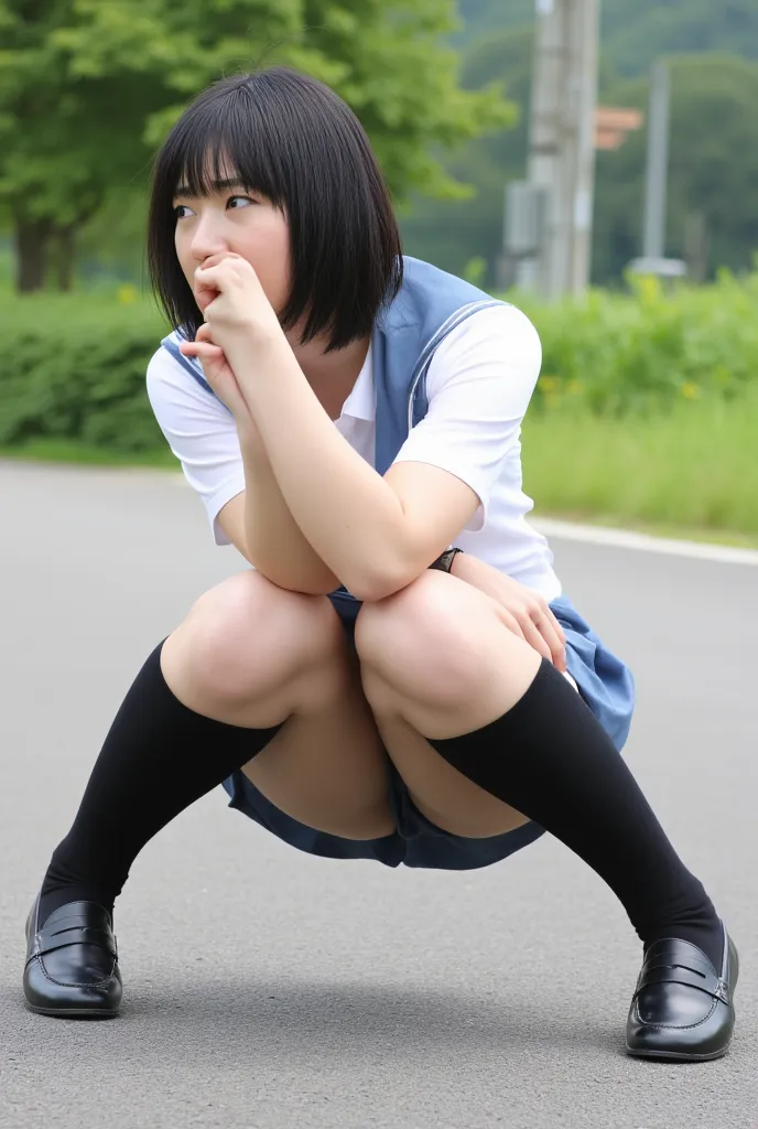 high resolution photo of a young Japanese woman, full body, Focus on Your FACE, black hair with bangs, ( school uniform, black knee-high socks, loafers), (Mature 50-year-old yellow woman crouching and opening both legs )