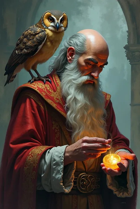 painting of a man with a long beard and a bird on his shoulder, concept art by Eddie Mendoza, Artstation contest winner, fantasy art, portrait of a wizard, dumbledore, wizard, owl wizard, wizard themed, portrait of merlin, art from harry potter, male wizar...