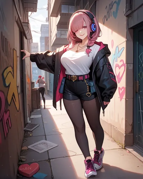 best quality,,1 middle age lady,30 years old,standard body,tall stature,(dark pink hair:1.2),Medium Hair,rope braid,hair over eyes,round eyes,seductive smile,large breasts,,(black parka;1.2),hooded parka,(black pants:1.2),shorts,with leggings,sneakers,Head...