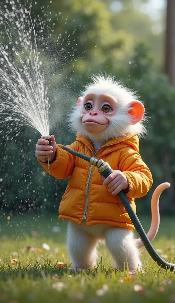 White monkey(dressed jaket orange) holds a water hose that spurts water towards the front