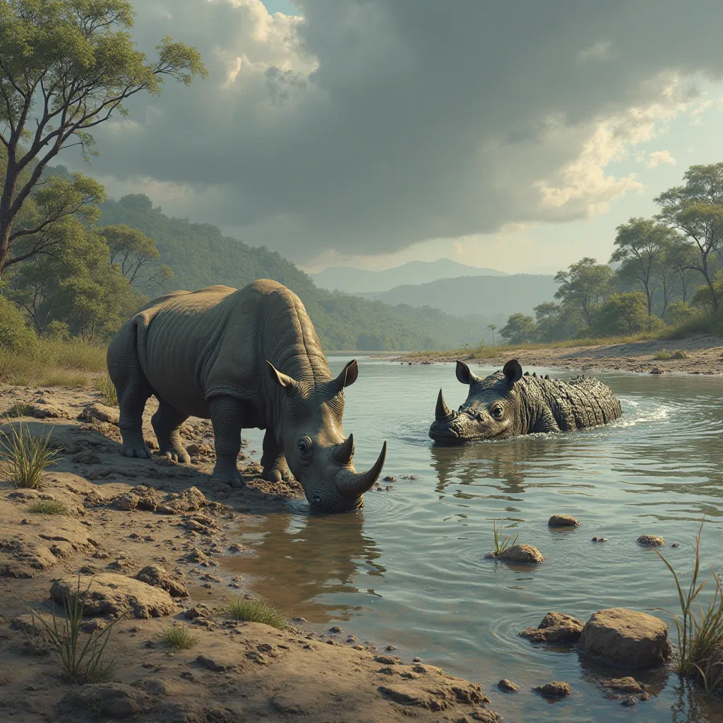 "Create a rugged riverbank where a crocodile and a rhinoceros coexist. The rhinoceros should be drinking from the river while the crocodile lurks just beneath the surface, only its eyes and nostrils visible above the water. The background should feature a ...