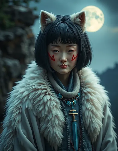 Background → moonlit forest and cliffs at night　Blurred composition　Background → cliff top　：：　big white wolf　person → wild old woman wearing white wolf fur with short black hair bob　Red triangle mark on cheeks　I'm wearing a fangs necklace and a blue knife ...