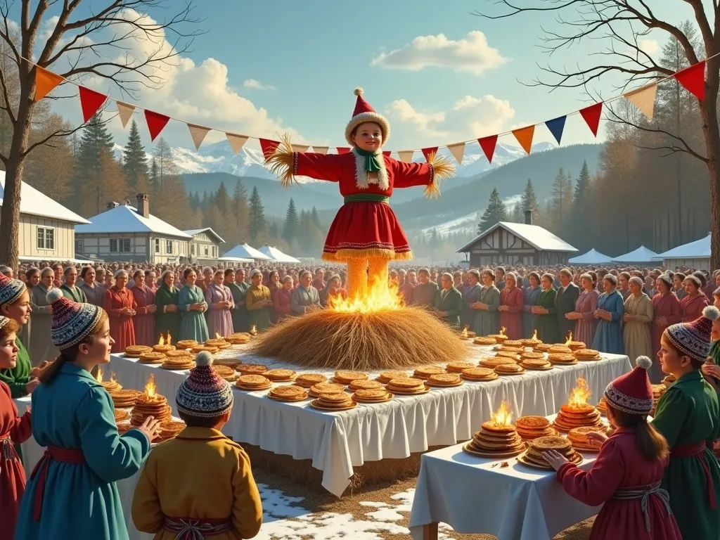 Russian Slavic holiday Maslenitsa,  Russian Village , folk festivals, burning a straw scarecrow in a dress and scarf, pancakes,  food tables are a lot of funny people in Russian folk costumes, are dancing