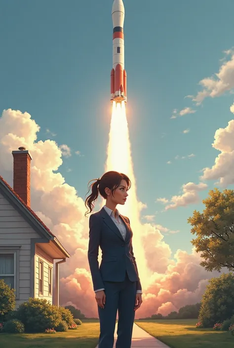 a girl in a formal business suit stands in front of the house where the rocket flew