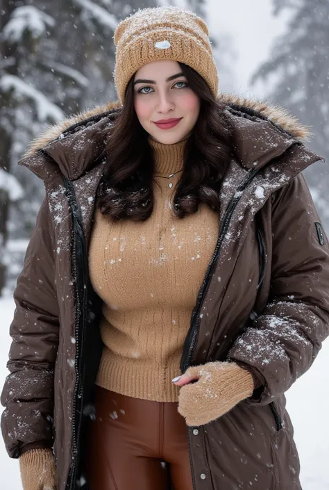 ((Best quality, 8K, Masterpiece :1.3)), (Realistic, Photorealistic:1.4),Perfect Pakistan's Sexy Slim Curvy Figure, Dark Brown Hair, Deep Blue Eyes, , dark red lips, Beautiful Smile,(Clothed:1.6),(Golden Brown Winter Cute Beanie Hat),(Dark Brown Fuffy Heavy...