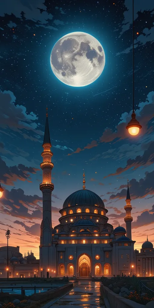 "A beautifully designed masjid standing tall under a twilight anime sky, its minarets glowing softly with golden light. The crescent moon above casts a silvery glow, while small lanterns float in the air, creating a magical, peaceful Ramadan night atmosphe...