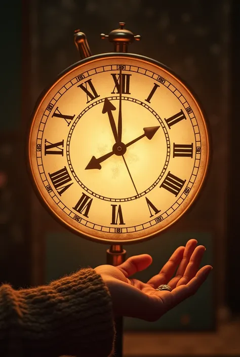 "A beautifully designed clock with a small hand looking up at the big hand. The hands are shaped as sleek, elegant arrows. The clock face is detailed with a warm, soft glow, giving a magical storytelling feel. The background is cozy, symbolizing ambition a...