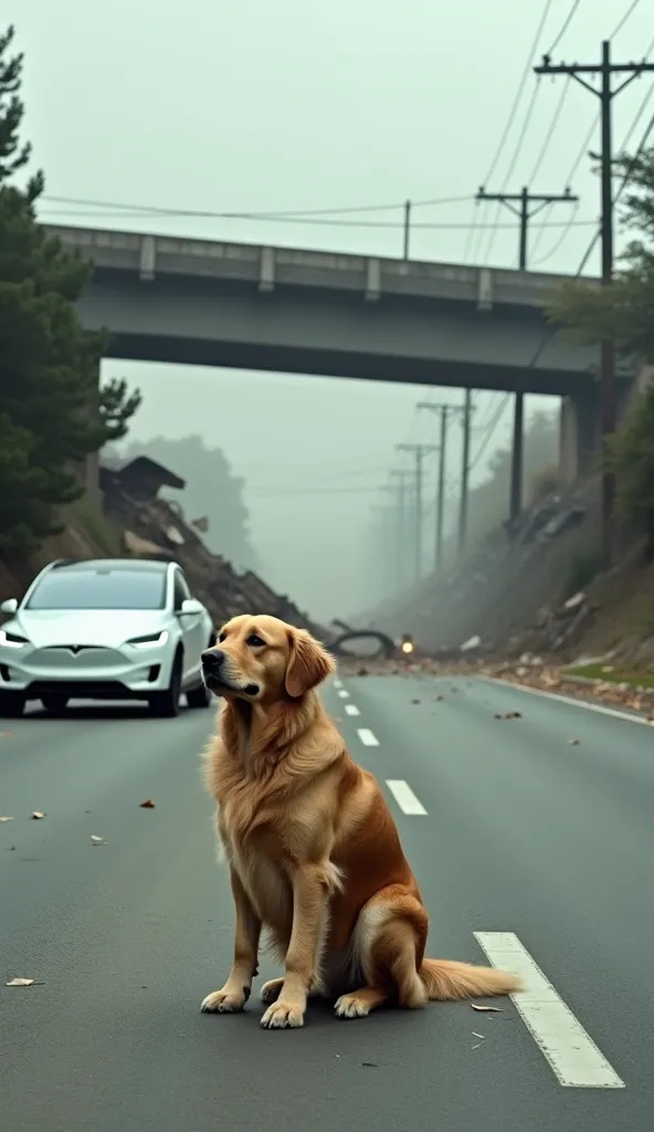 A dramatic scene capturing a bridge in the process of collapsing, with debris and dust falling onto the road below, creating a chaotic and intense atmosphere. In stark contrast, a golden retriever sits calmly on the road in the foreground, looking slightly...