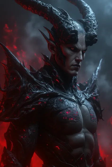 darkness god warrior, intricate detailed character portrait, brooding dramatic expression, powerful muscular figure, ornate dark armor with glowing runes, intense piercing gaze, majestic horns and demonic features, dramatic moody lighting, dark fantasy env...