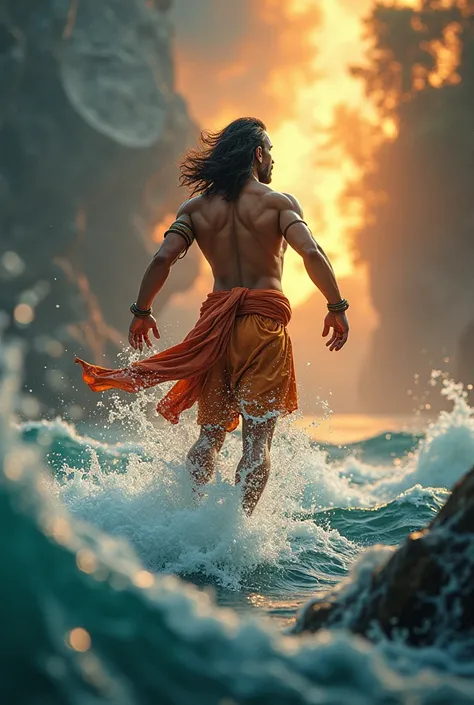 In cinematic 3d carton style "One of the most interesting parts of the Ramayana is the moment when Lord Hanuman leaps across the ocean to reach Lanka in search of Sita. Facing numerous challenges, he encounters the sea monster Surasa, the demoness Simhika,...